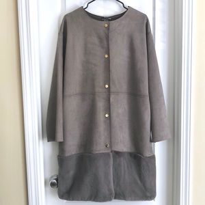 Zara W/B Gray Faux Suede Long Coat with Fur Trim
